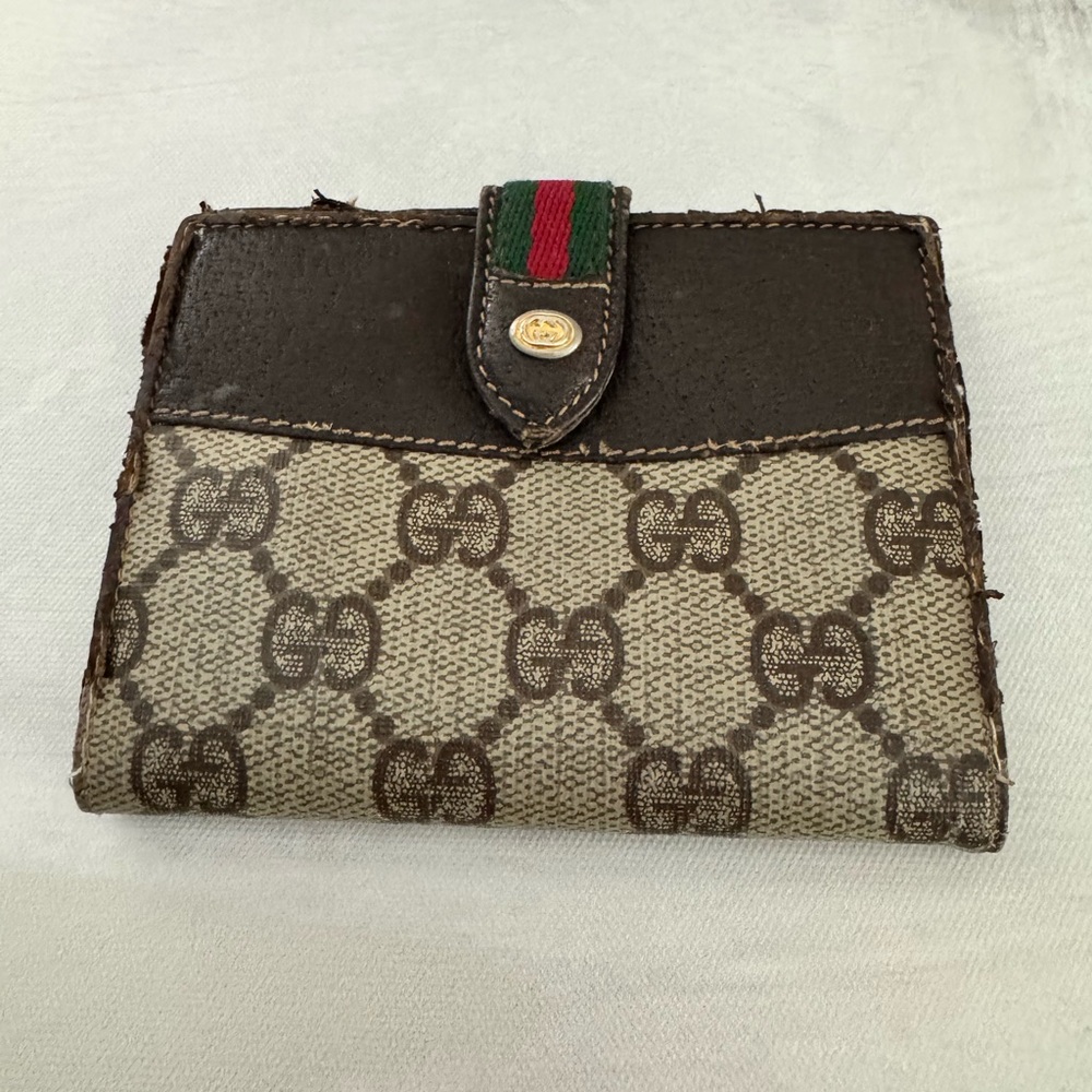 Gucci Sherry Line Vintage Wallet, Brown Leather & PVC Monogram, Good Condition